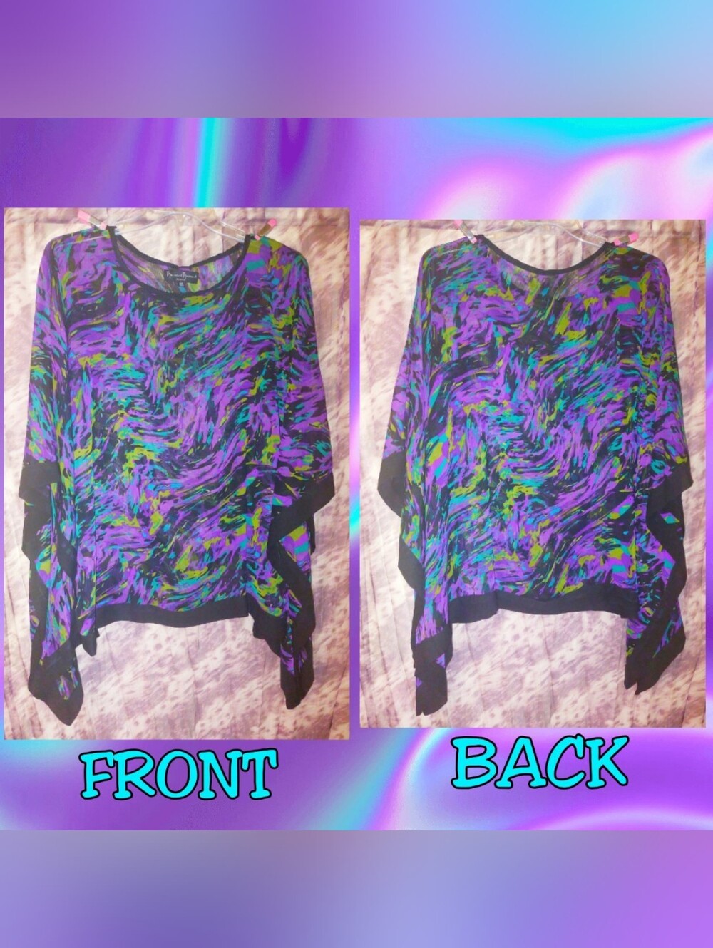 Mercer & Madison Black/Multiclr Abstract Swirls Sheer Woven Poncho Tunic Top 3X - Picture 2 of 7